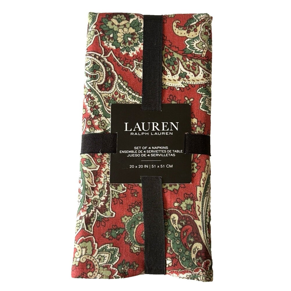 Ralph Lauren Christmas Jacobean Paisley Napkins Fabric Holiday Red Set Of 4